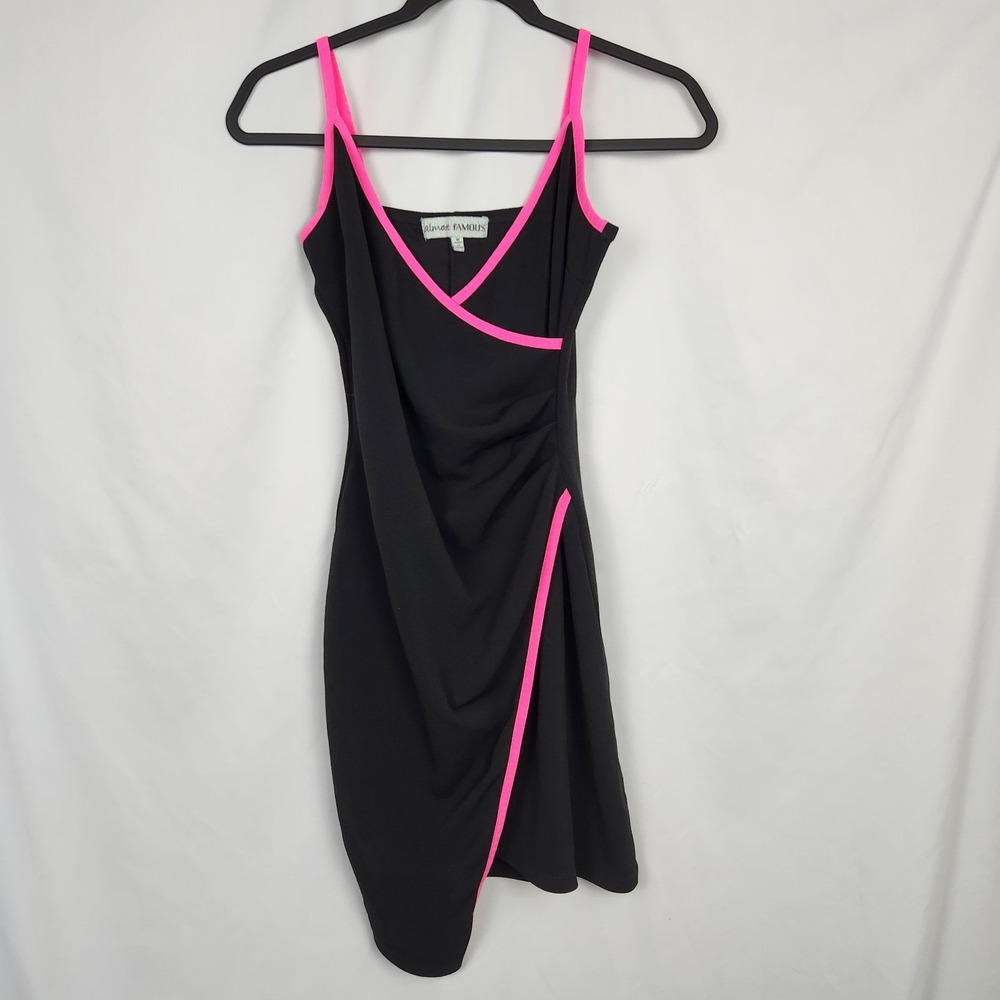Almost Famous Womens Black Pink Spaghetti Strap Asymmetrical Hem Dress Juniors M